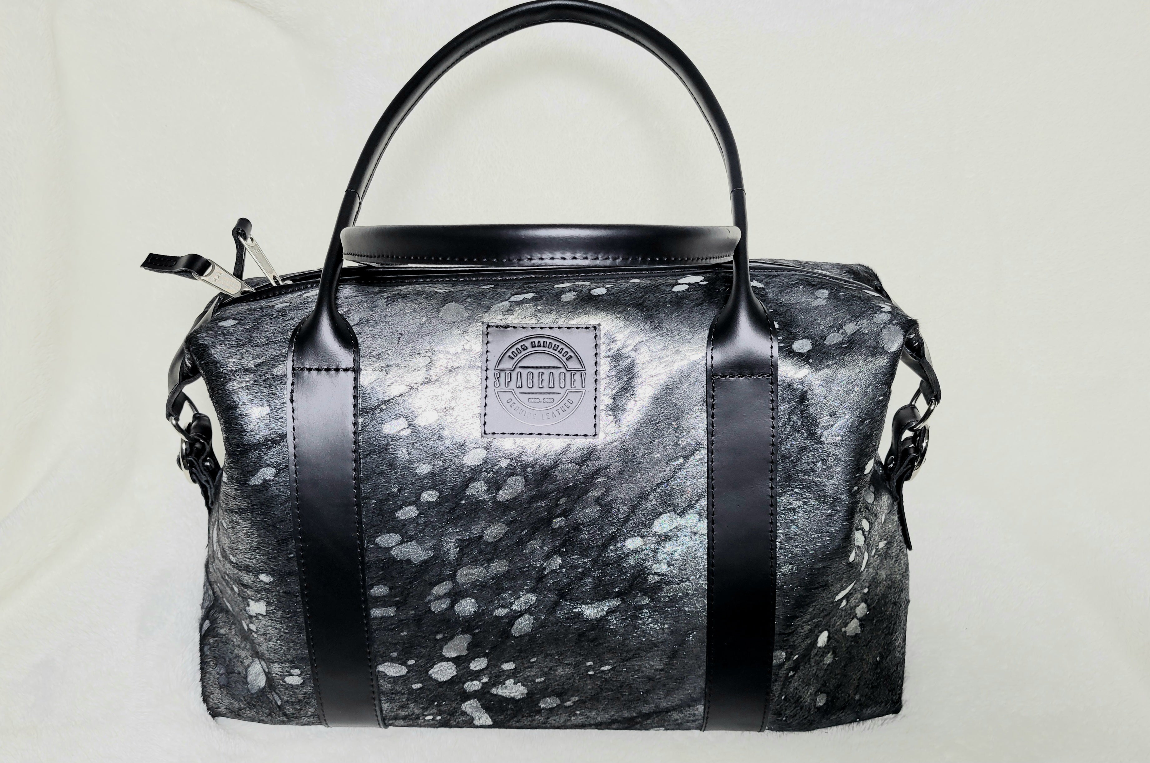 Black and silver medium duffel bag